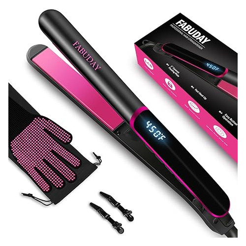 Fabuday Flat Iron Hair Straightener Dual Voltage - Heat Up Quickly, LCD Display & Auto Shut-Off, 12 Adjustable Temp Hot Iron for All Hair Types, 1 Inch Floating Ceramic Plates