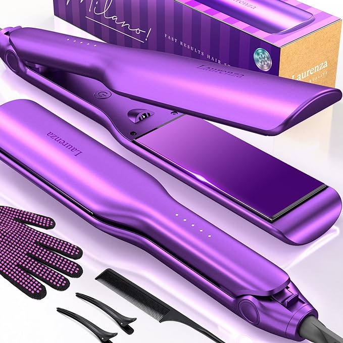 Milano by Laurenza Hair Straightener and Curler 2 in 1, SuperMax Design 8.5 Inch² Extra-Large 3D Floating Ceramic Flat Iron, Dual Voltage Straightening Irons with 20 Million cm³ Anion Outlet (Purple)