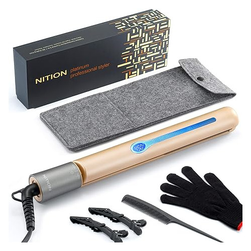 NITION Professional Salon Hair Straightener Argan Oil Ceramic Tourmaline Titanium Straightening Flat Iron for Healthy Styling,LCD 265°F-450°F,2-in-1 Curling Iron for All Hair Type,Gold,1 inch Plate