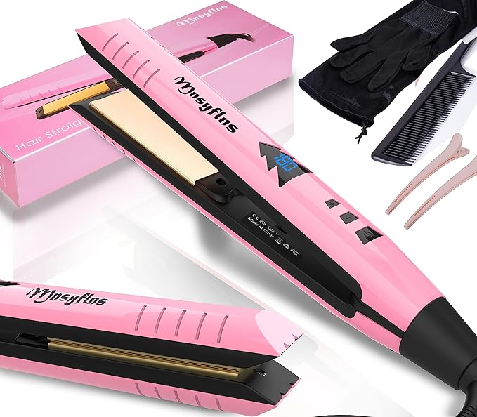 Hair Straightener,45W Hair Straightener Flat Iron, Straightener and Curling Iron for All Hairstyles, Fast Heating with LCD Display, Mini Flat Iron for Travel, Gift for Girls Women (Pink)