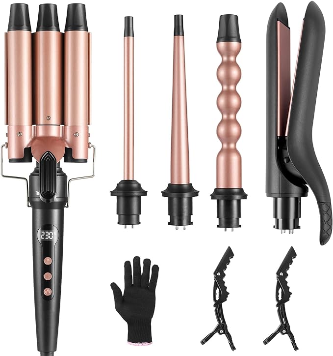 5 in 1 Hair Curling Iron Wand Set PTC Fast Heating Hair Crimper Professional Hair Styling Tools LCD Temp Control with Hair Straightener, Ceramic 3 Barrel Hair Waver Surprise Gift for Women Girl