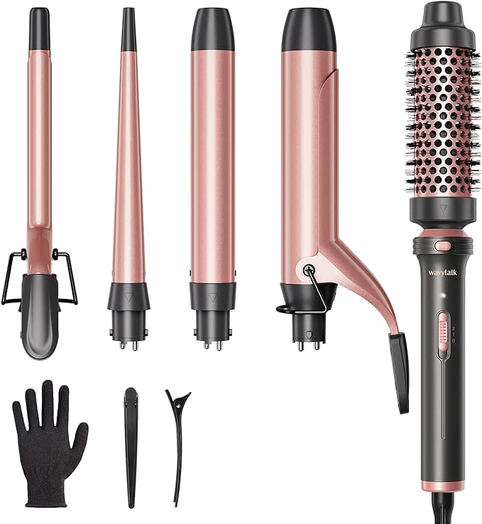 Wavytalk 5 in 1 Curling Iron Set with Curling Brush and 4 Interchangeable Ceramic Curling Wand (0.35"-1.25”), Instant Heat Up, Dual Voltage Hair Curler