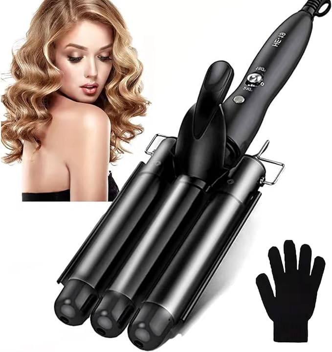 3 Barrel Curling Iron Ceramic Hair Waver Curler Temperature Adjustable 25mm Hair Curling Wand Portable Hair Styler for Travel Heats Up Quickly with Heat Resistant Glove (Black)…
