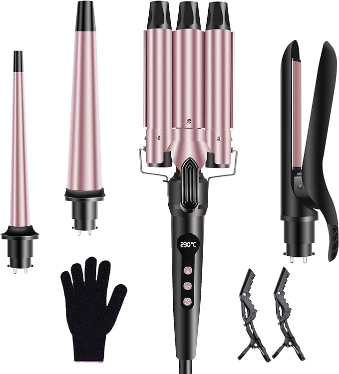 4 in 1 Curling Iron Wand Set, 1inch Curling Iron 3 Barrel Hair Waver with 2 Ceramic Tourmaline Barrels 0.35-1.2inch and Hair Straightener, LCD Temp Control Instant Heat Up, Include Glove & 2 Hair Clip