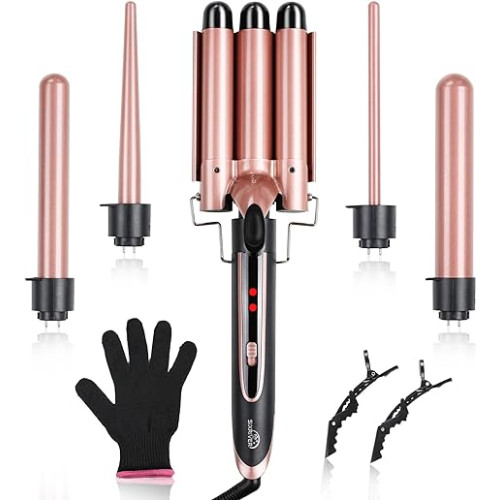 Sixriver 5-in-1 Curling Iron Set, Curling Wand with 3 Barrel Hair Crimper Iron and Interchangeable 4 Curling Irons, Dual Voltage Hair Waver with 2-LED Temp Control for All Hair Types, Glove & 2 Clips