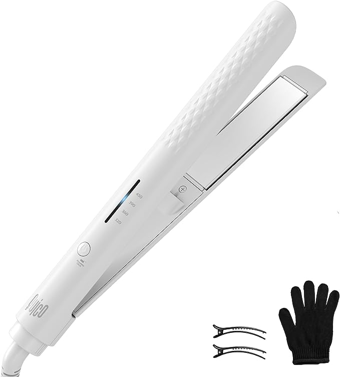 Quico Hair Straightener, Professional Negative Ion Flat Iron Hair Straightener, 15s Fast Heating, Temp Memory, 320℉-450℉, 110-240V, Auto-Off, with Glove and Clips, Gift, White