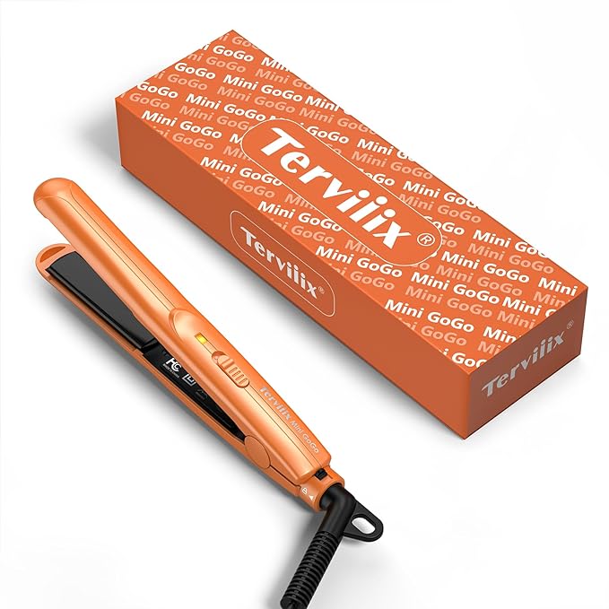 Terviiix Mini Flat Iron, Ceramic Mini Hair Straightener for Short Hair/Curls Bangs, 1/2 Inch Small Flat Irons with Storage Pouch, Lightweight & Portable, Dual Voltage Travel Flat Iron, Orange