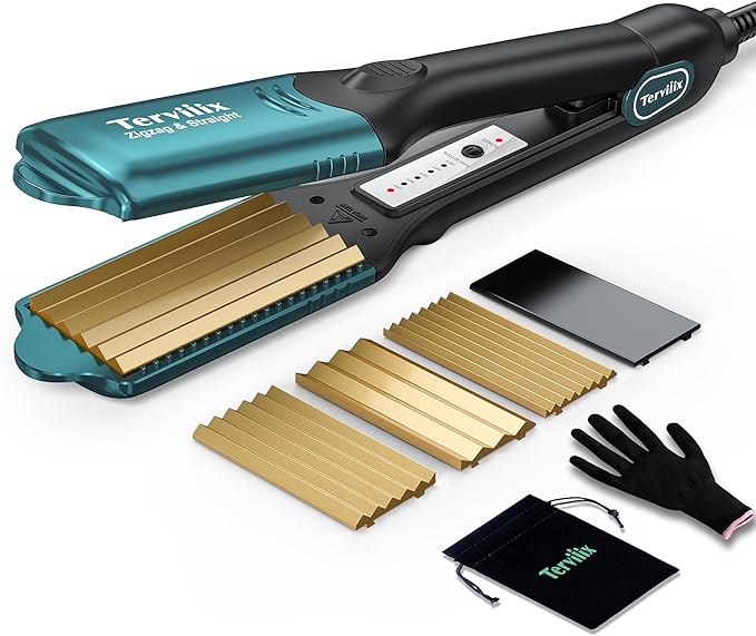 Terviiix Crimper Hair Iron with 4 Interchangeable Plates, Keratin & Argan Oil Infused Hair Crimper for Women, Volumizing Crimping Iron for Thin Fine Hair, 5 Heat Settings & 60 Mins Auto Off, Green