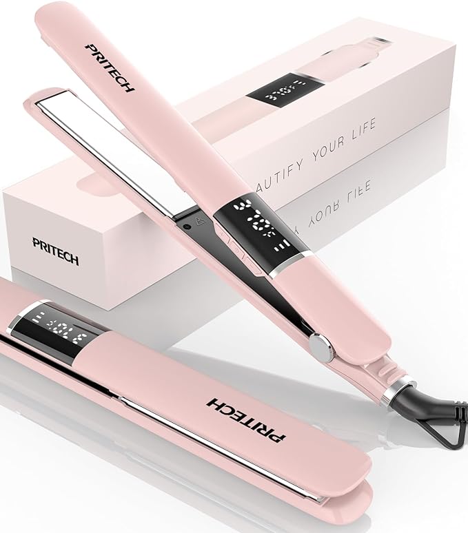 PRITECH Flat Iron Hair Straightener, Titanium Flat Iron with Adjustable Temp(290°F-450°F), 1 inch Plate for All Hairstyles Hair Straightening Irons Pink