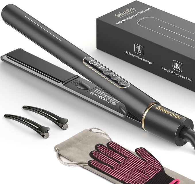Ceramic Hair Straightener and Curler 2 in 1 - Professional Flat Iron 13 Adjustable Temp 230°F-450°F, Negative Ion for Smooth & Shiny Hair, Dual Voltage 100V-240V Travel Friendly & 1 Hour Auto-Off