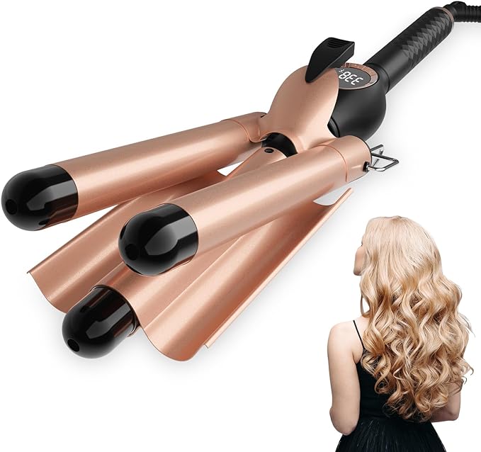 Hair Waver, 3 Barrel Curling Iron for Beachy Waves, Hair Crimper with Long-Lasting Styling, 3 Inch Ceramic Curling Wand with LCD Temp Display, Beach Waver Curling Iron for Travel, Party，Gold