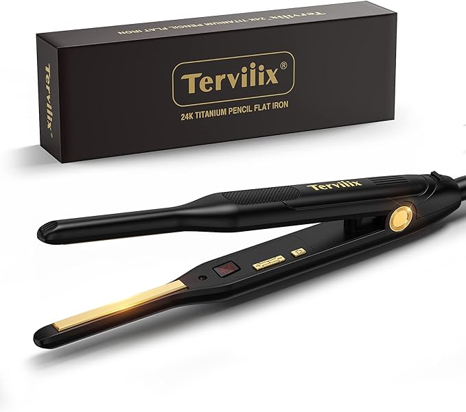 Terviiix 24K Titanium Pencil Flat Iron with LCD Display, 3/10'' Mini Hair Straightener with Adjustable Temp, Small Straightening Irons for Men, Touch Ups/Pixie Short Hair/Beard/Bangs/Edges/Baby Hair