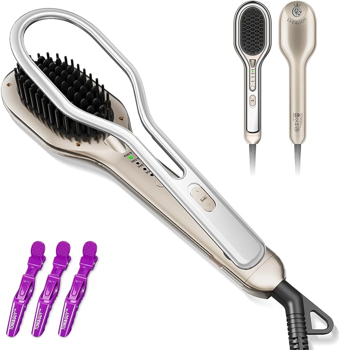 Hair Straightener Brush Comb with Enhanced Styling Clamp | Lyealion 2023 Upgraded Flat Iron Ceramic Straighten Brush for Smooth, Anti Frizz Hair, Heat-UP 430°F, Dual-Voltage for Long/Short Hair