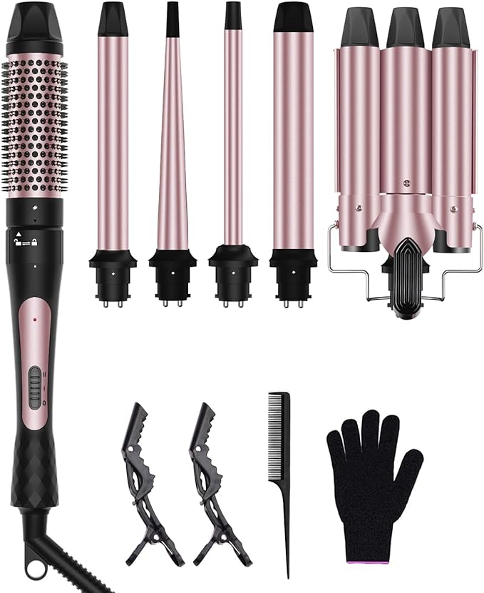 6 in 1 Curling Iron, 3 Barrel Curling Iron Set with Curling Brush (1.3inch) and 5 Interchangeable Ceramic Curling Wand(0.35