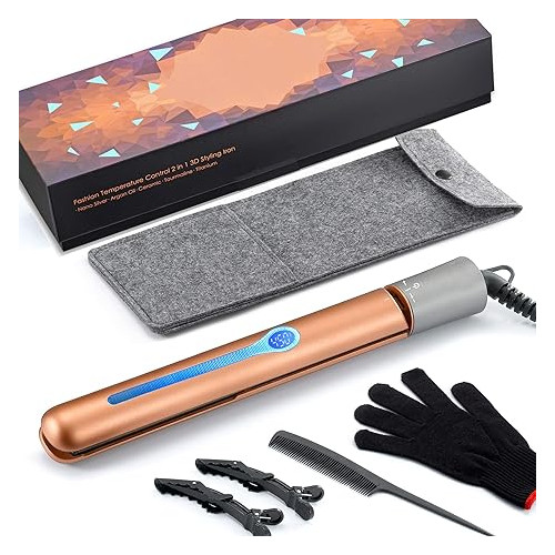 NITION Pro Hair Straightener 1 inch Argan Oil Ceramic Tourmaline Titanium Heating Plate for Healthy Styling,2-in-1 Digital LCD 265-450°F Straightening Flat Iron & Curling Iron for All Hair Type,Gold