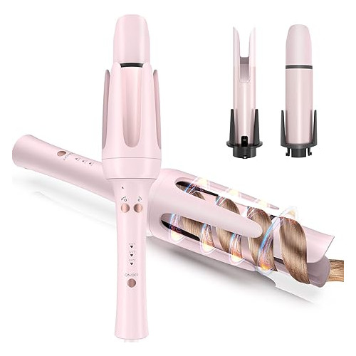 Automatic Curling Iron Hair Curler, Replaceable Curling Wand with 2 Sizes Barrel (1", 1.25") & 3 Temps, Hair Waver with Anti-Tangle & Auto-Off, Double Voltage Rotating Curling Iron for Long Hair-Rose