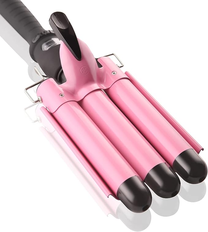 3 Barrel Curling Iron Wand Dual Voltage Hair Crimper with LCD Temp Display - 1 Inch Ceramic Tourmaline Triple Barrels, Temperature Adjustable Portable Hair Waver Heats Up Quickly (Pink)