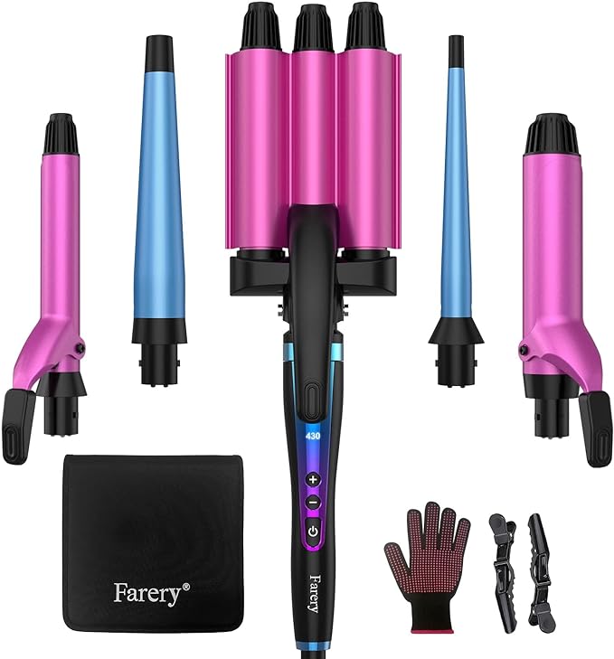FARERY 5 in 1 Wand Curling Iron Set (0.35-1.5 inch) with 5 Adjustable Temp, Interchangeable 3 Barrel Hair Waver with Multiple Attachments, Crimper Hair Iron with Keratin&Argan Oil Infused, Gift Choice