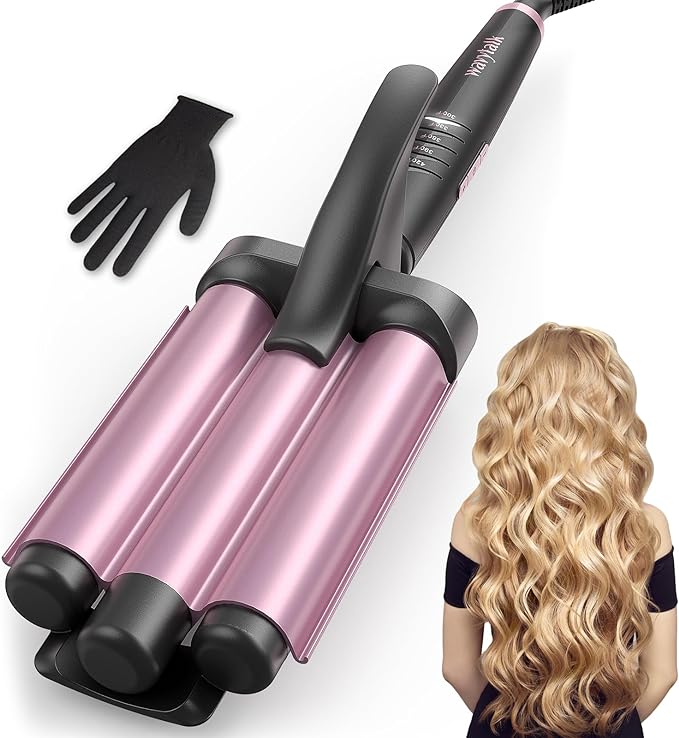 Wavytalk 3 Barrel Curling Iron Wand, Beach Hair Waver with Adjustable Temp, Ceramic Hair Crimper with Glove, Dual Voltage, Rose Gold