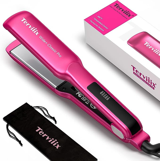 Terviiix Ceramic Hair Straightener, 1-1/2 Inch Wide Flat Iron for Hair, Professional Straightening Irons with Adjustable Temp, 30s Instant Heating, Get Silky Smooth Hair, Dual Voltage, Auto Off, Pink