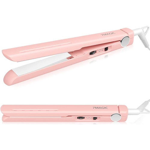 7MAGIC Titanium Hair Straightener, 1" Flat Iron for Precise Styling, Enhance Shine and Smoothness, Dual Voltage Flat Iron Hair Straightener with 5 Temps for Home Use, Travel, Auto Shut-Off, Pink