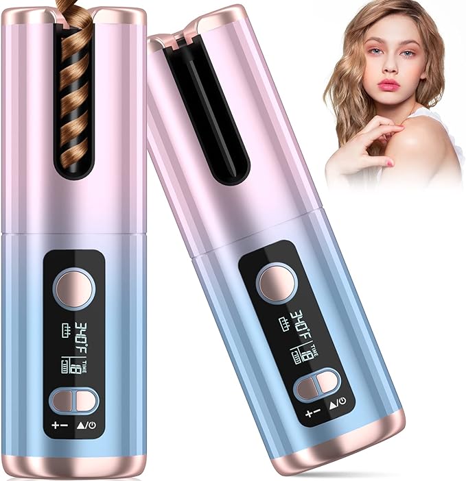 Automatic Curling Iron, Cordless Automatic Hair Curler with 6 Temps & 6 Timers, Rechargeable Rotating Curling Iron with Ceramic Curling Wand, Detangle & Scald-Free Hair Curlers, Auto Shut-Off