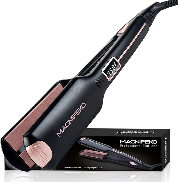 Magnifeko Professional Flat Iron Hair Straightener Wide Plate & Digital Display - Dual Voltage Titanium Hair Straighteners (Black Rosegold)