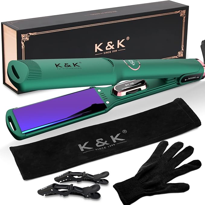 K&K Hair Straightener with LED Display Adjustable Temperature 1.5 Inch Wide Flat Iron for Thick Hair Tourmaline Titanium Dual Voltage 60min Auto Shut Off