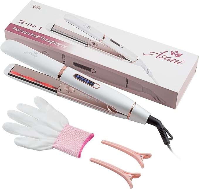 Flat Iron Hair Straightener and Curler 2 in 1 - Negative Ion Hair Straightener with Anti-Frizz Ceramic Coating - 5 Adjustable Heat Settings - Fast Heating Straightening Iron and Hair Curler