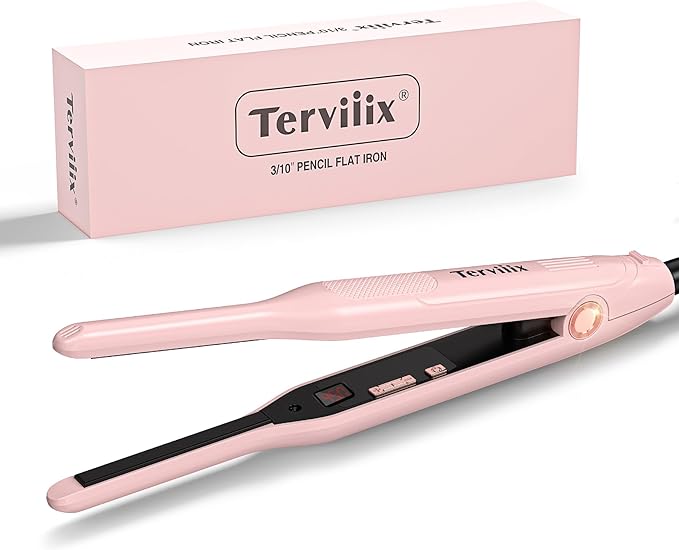 Terviiix 3/10" Small Flat Iron, Pencil Flat Iron for Short Hair, Pixie Cut and Bangs, Ceramic Mini Hair Straightener for Edges with LCD Display, Tiny Hair Straightener with Auto Shut Off, Light Pink