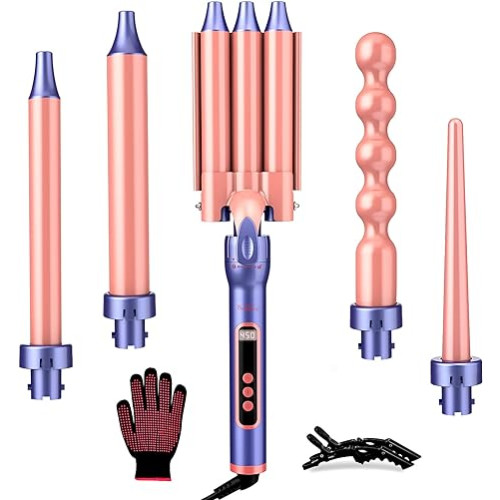Brightup Curling Iron, 3 Barrel Hair Curler Beach Waver All in One Curling Wand with Interchangeable Ceramic Barrels and Heat Protective Glove, LCD Display, Instant Heating, Temperature Adjustment