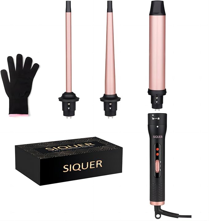 3 in 1 Curling Wand Set - SIQUER Hair Waver Curling Iron for Women with 3 Interchangable Ceramic Beach Waves Wands 1/2 Inch to 1 1/4 Inch Fast Heating Up Hair Curler with Gift Box (Rose, Black)