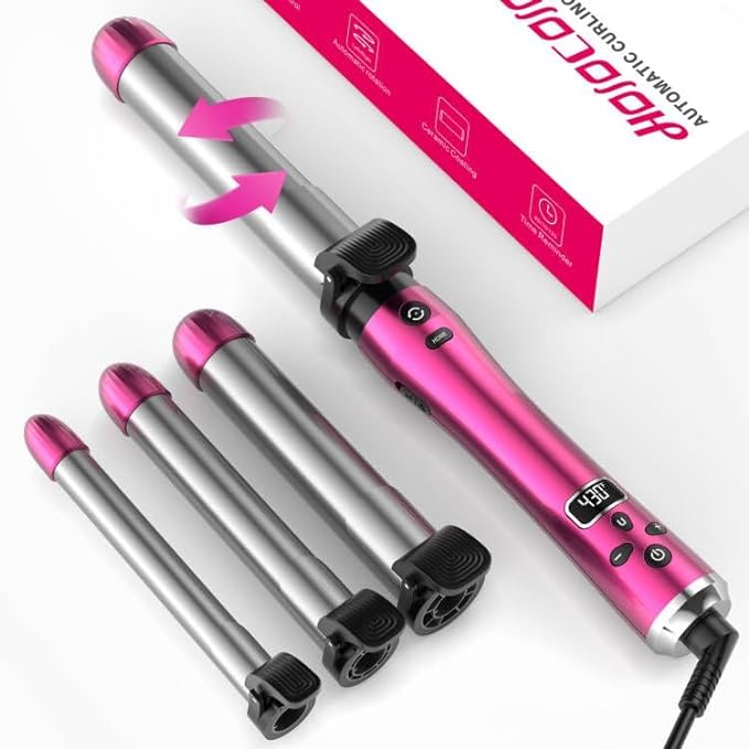 Auto Rotating 3 in 1 Curling Iron, (0.75", 1", 1.25") Interchangeable Barrels, 12 Temperature Adjustble Automatic Hair Curler to Create Beach Wave Curls, Wand Curling Iron with LCD Display, Fast Heat