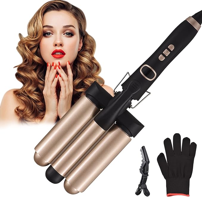 3 Barrel Curling Iron Wand，1.25 Inch Ceramic Tourmaline Triple Barrels，Temperature Adjustable Portable Crimper Hair Iron for Beach Waves，Hair Waver Heats Up Quickly with LCD Temp Display（Rose Gold）