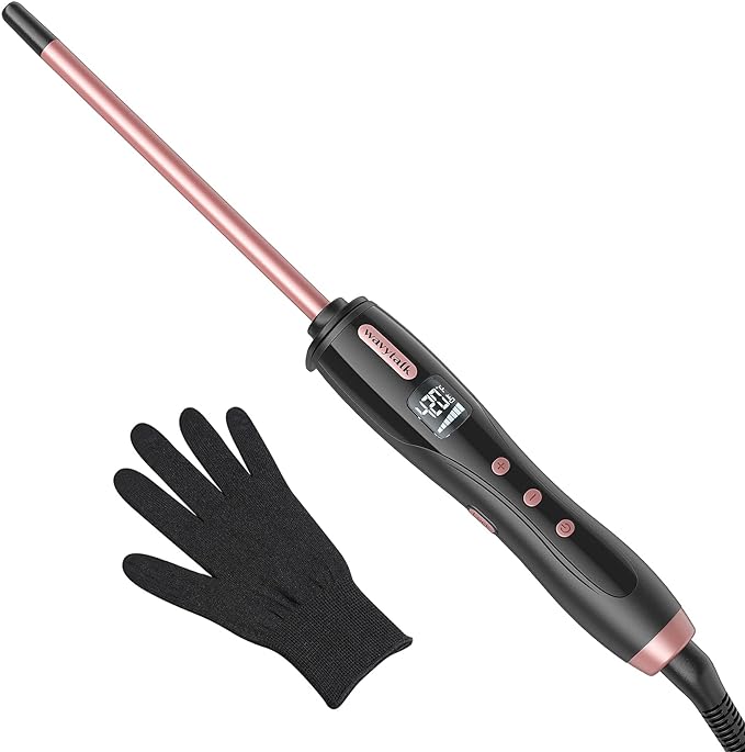 Wavytalk 3/8 Inch Small Curling Iron Wand for Short & Long Hair, Ceramic Small Barrel Curling Iron with Adjustable Temperature, Include Heat Resistant Glove (Rose Pink)