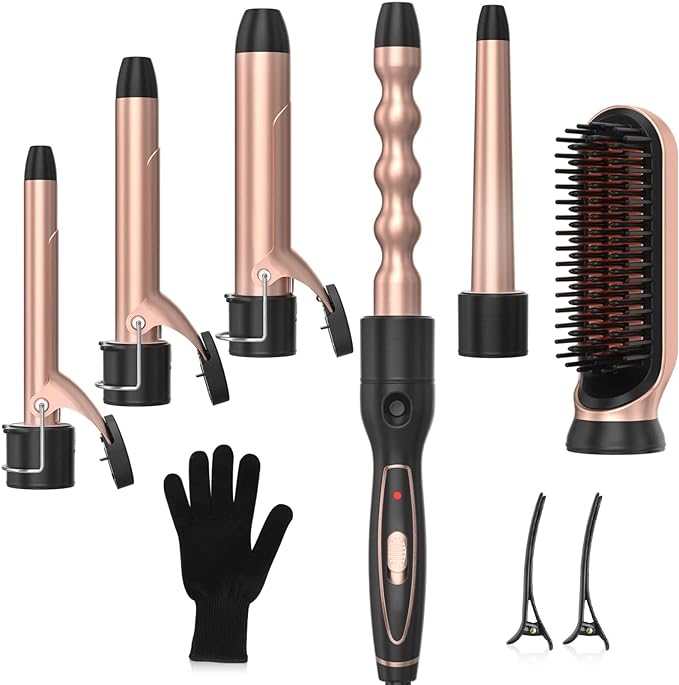 Curling Iron, 6 in 1 Curling Wand Set with Hair Straightener Brush, Professional Hair Curler with 6 Interchangeable Ceramic Barrels, Instant Heat Up Hair Iron with Heat Resistant Glove by Yovikin
