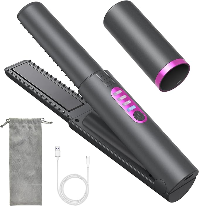OBEST Cordless Hair Straighteners Curler 2 in 1, Mini Portable Travel Wireless Flat Iron, Fast Heat Up, Anti-Scald 3-Level Straightener for Swift, Smooth and Glossy Hair, Type-C Rechargeable (Grey)