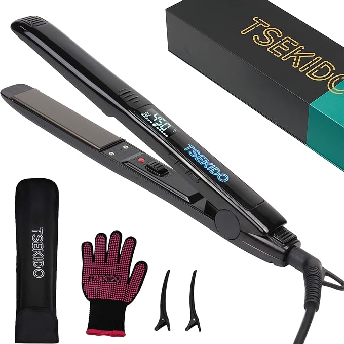 TSEKIDO Hair Straightener and Curler 2 in 1, Professional Titanium Flat Iron with Dual Voltage and LCD Display, Instant Heating Hair Straightening Iron with Plate Lock
