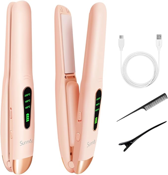 Sunmay Voga Cordless Hair Straightener and Curler 2 in 1, Mini Flat Iron Hair Straightener for Touching Up Short Thin Fine Hair, Portable Travel Curling Wand & Straightening Iron with USB Rechargeable