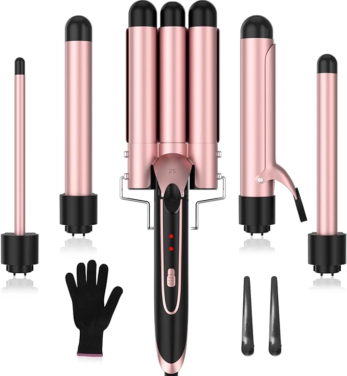 Curling Iron, 5 in 1 Curling Wand Set with 3 Barrel Hair Crimper Hair Tool & 4 Interchangeable Ceramic Curling Wand(0.35”-1.25”), 2 Temps, Instant Heating, Include Heat Protective Gloves & 2 Clips