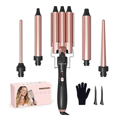 5 in 1 Curling Wand Hair Wand 3 Barrel Curling Iron with Hair Crimper and Interchangeable Ceramic Wand Curler(0.35