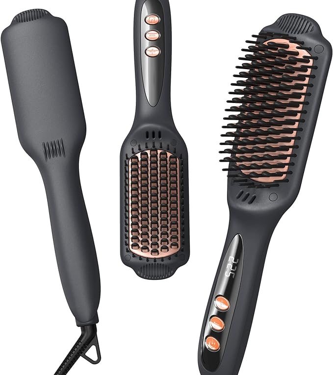 Hair Straightener Brush Heated Straightening Brush: Negative Ion Hot Hair Brush for Smooth Frizz-Free Women Hair - Ceramic Flat Iron Brush - Dual Voltage Anti-Scald Fast Heating