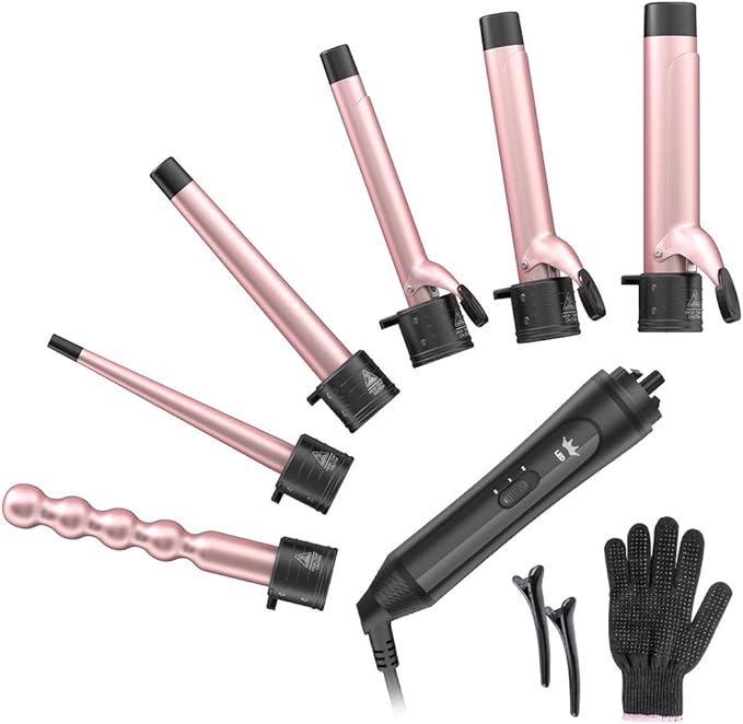 6-IN-1 Curling Iron, Professional Instant Heat Up Hair Curling Wand Set with 6 Interchangeable Ceramic Barrels (0.35'' to 1.25'') and 2 Temperature Adjustments, Heat Protective Glove & 2 Clips
