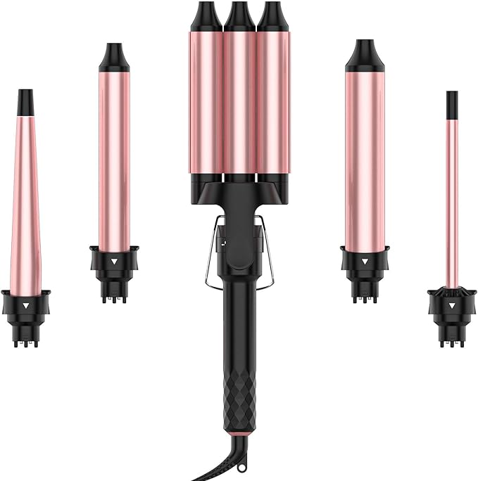 5 in 1 Waver Curling Wand Set, 3 Barrel Ceramic Curling Iron for All Hair Types, Fast Heating LCD Display with Dual Voltage