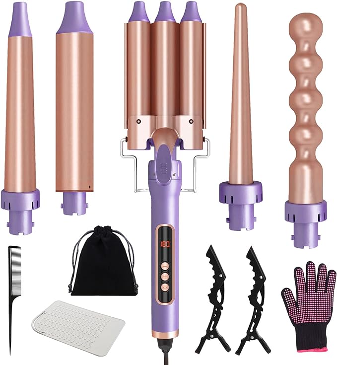 10-in-1 Curling Iron, Professional Curling Wand Set, Instant Heat Up Hair Curler with 5 Interchangeable Ceramic Barrels (0.35'' to 1.25''), Heat Protective Glove & 2 Clips Crimper Wand Curler