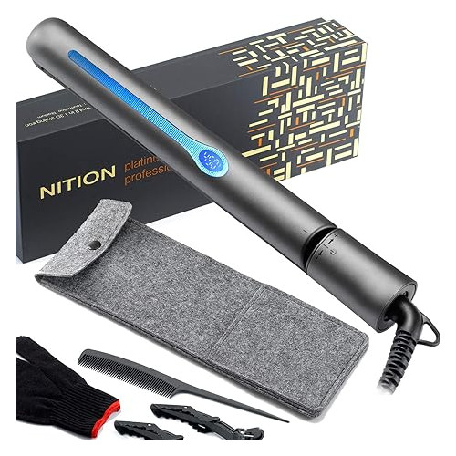 NITION Professional Salon Hair Straightener Argan Oil Ceramic Tourmaline Titanium Straightening Flat Iron for Healthy Styling,LCD 265°F-450°F,2-in-1 Curling Iron for All Hair Type,1 inch Plate,Black