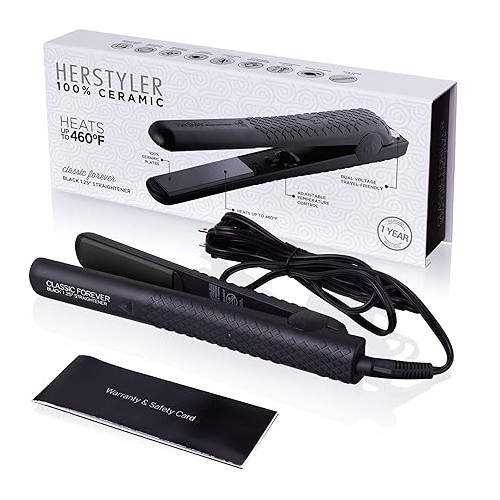 Herstyler Forever Straightening Flat Iron | Travel Friendly Dual Voltage 1.25 inch | Ceramic Hair Straightener For Silken Hair | Negative Ion Technology To Fight Frizz | Beautiful In Black