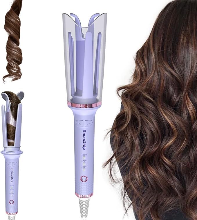 Automatic Curling Iron 1 Inch, Anti-Scald Automatic Hair Curler for Long Hair, Easy-to-use Rotating Curling Iron with 3 Temperature, Auto Shut-Off Dual Voltage Curling Iron for Hair Styling (Purple)
