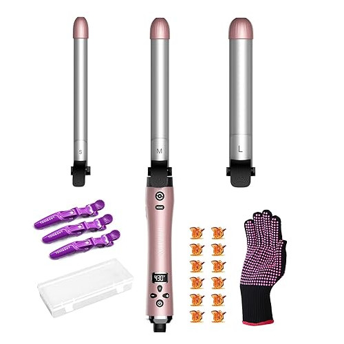 Automatic Hair Curling Wand-3 Interchangeable Heating Iron Barrels Hair Styling Curler for DIY/Salon Professional Use, LCD Display Fast Heat-UP 430°F Ceramic Coasting for All Hair Types Long/Short