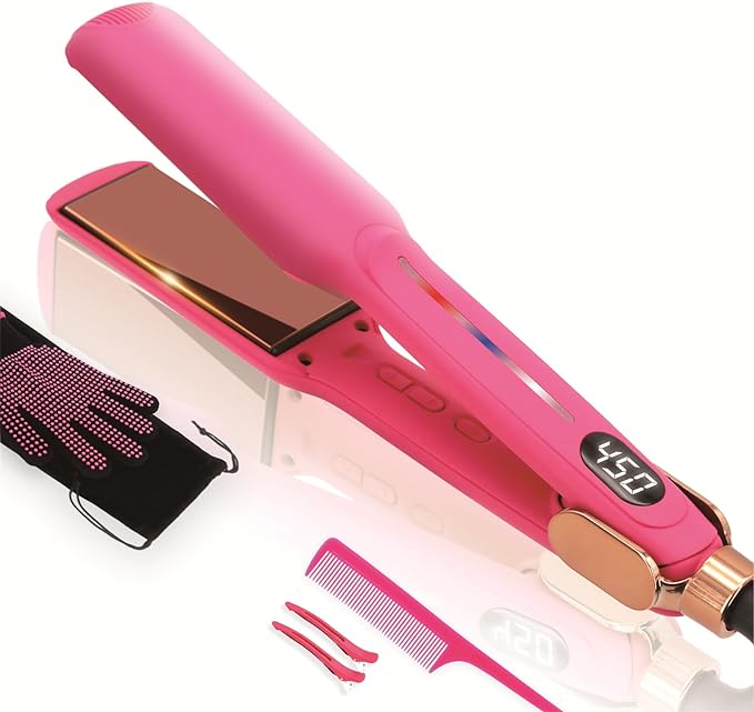 Rucha Pink Infrared Hair Straightener, 450℉ Titanium Wide Flat Iron, 30s Fast Heating, Hair Straightener and Curler 2 in 1, Dual Voltage Hair Straightening Iron, Gifts for Women